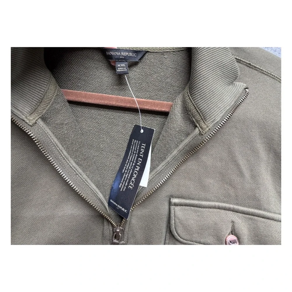 Banana Republic Mens XXL Olive Green Garment Dye Quarter Zip Sweatshirt Pocket